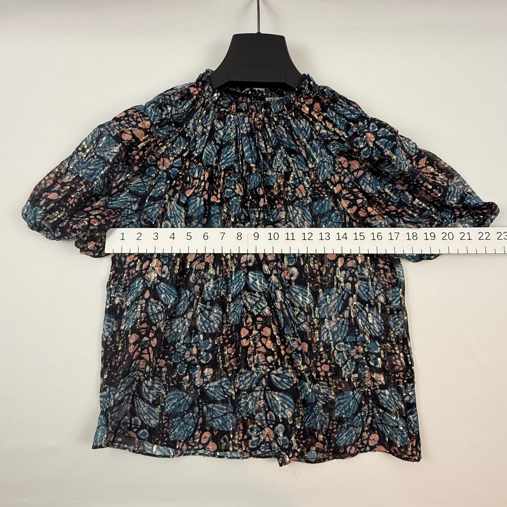 Ulla Johnson Silk Lurex Metallic Ruffle Puff Sleeve Blouse Blue Pink Gold 4 - Picture 5 of 9